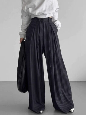 Forever 21 Spring High Waist Pleated Stripe Wide Leg Work Casual Flowy Pants